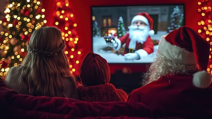 Fototapeta premium Santa and two children watching a New Year's movie together on a big screen. Rear view with colorful holiday lights and cozy festive atmosphere on a solid red background.