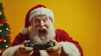 Front view of Santa Claus playing video games on a big screen. Happy expression conveys holiday cheer, with copy space on a solid yellow background.