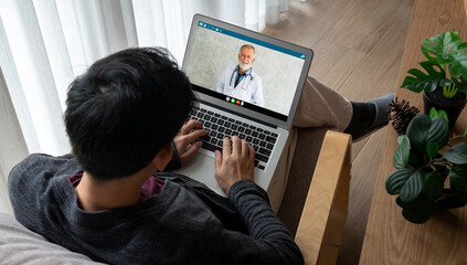 Doctor video call online by modish telemedicine software application for virtual meeting with patient