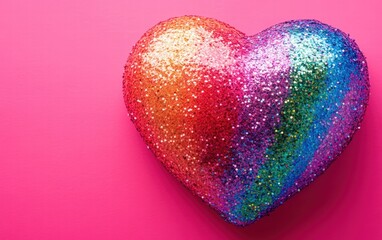 Fototapeta premium A glittery rainbow heart with shimmering sparkles, placed on a bold magenta background