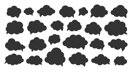 Cloud shaped speech bubbles icon set. Black fluffy silhouette digital symbols for communication, conversation, chat concepts. Minimalistic flat sign of dialogue, thought, trendy talk comic text space
