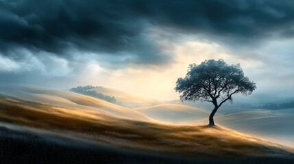 Fototapeta premium Solitary Tree Under Dramatic Sky in a Tranquil Rural Landscape at Dusk