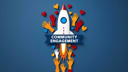 Colorful illustration depicting community engagement with a rocket, hands, and hearts against a blue background.