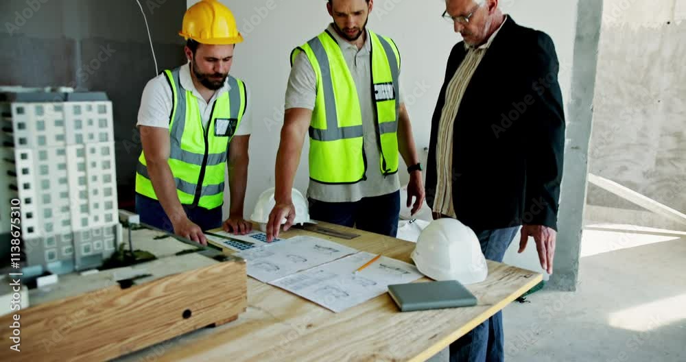 Aufkleber discussion, planning and construction team on site with blueprint for building maintenance. meeting,