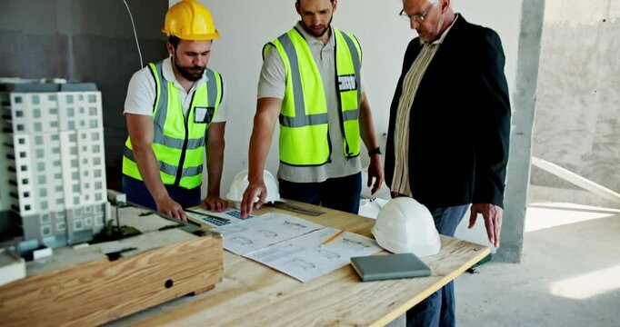 Discussion, planning and construction team on site with blueprint for building maintenance. Meeting, collaboration and group of civil engineers work on architecture project for property development.