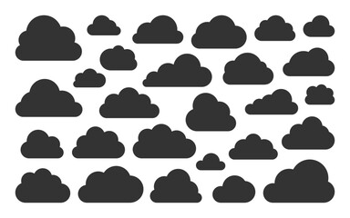 Clouds icon set. Various shapes black silhouette for internet sync data storage digital concepts. Simple fluffy rounded soft cloud tech symbol. Flat minimalistic abstract forms for network technology