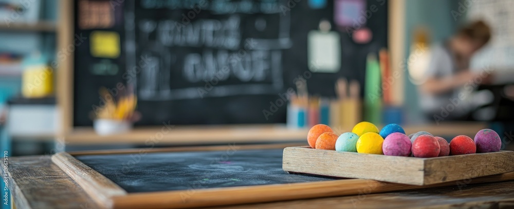 Poster Colorful erasers on a table in a classroom with blurred background.