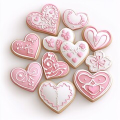 Fototapeta premium Assorted heart-shaped cookies with pink and white icing designs