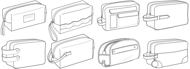 set of toiletry bags flat sketch vector illustration technical cad drawing template	
