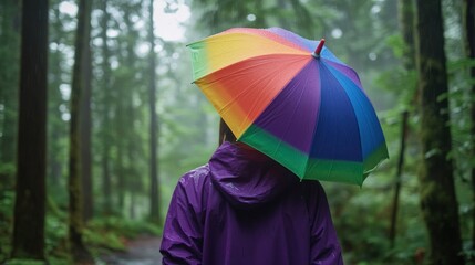 Person in purple jacket holding colorful umbrella, walking misty forest path.