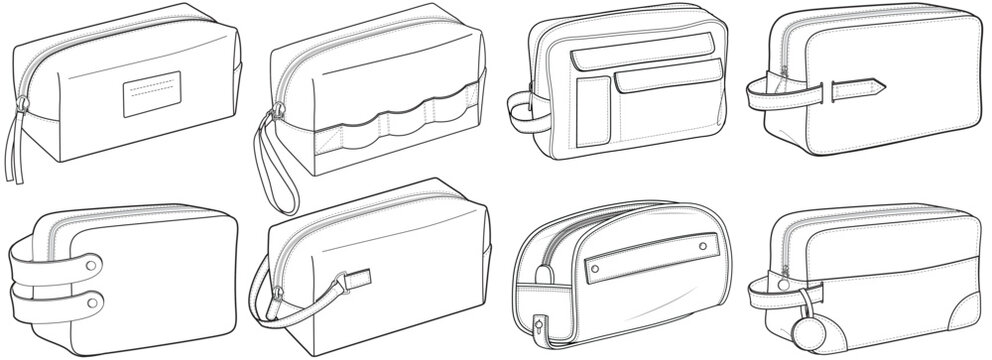 set of toiletry bags flat sketch vector illustration technical cad drawing template	
