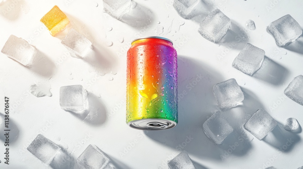 Poster Rainbow can surrounded by ice cubes on a white surface.