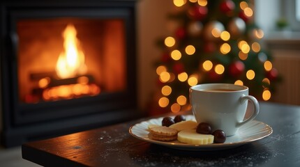 Obraz premium Cozy Christmas Coffee Break with Cookies by Fireplace