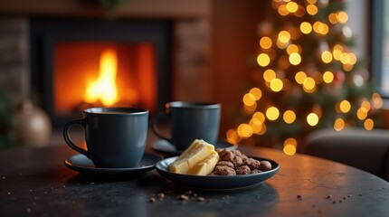 Warm Coffee and Butter Cookies by Fireplace at Christmas