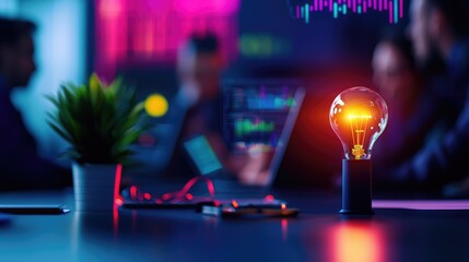 Illuminated Light Bulb on Desk with Business Team in Background