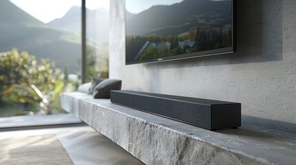 Modern soundbar on concrete shelf below TV in living room with scenic view.