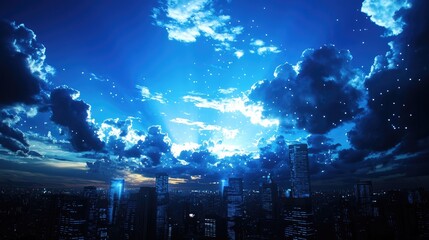 Fototapeta premium Night Sky Over City with Clouds and Twinkling Stars in Evening Light