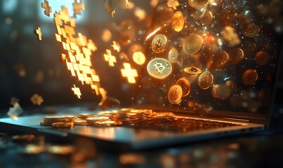 Golden cryptocurrency coins dramatically flying into an open laptop