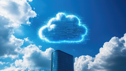 Digital Cloud Concept Above Modern Building with Blue Sky and Clouds