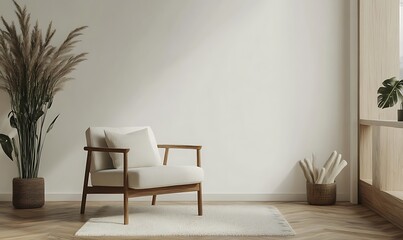 A minimalist 3D rendering showing a blank template backdrop with a white wall and a wooden floor