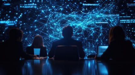 Business Team Analyzing Data with Digital Network Visualization