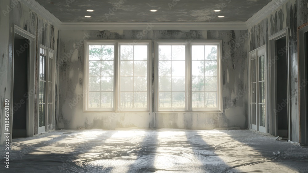 Poster Empty, damaged room with light streaming through windows.