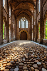 Fototapeta premium A stone floor in an old church with arches and a wooden door