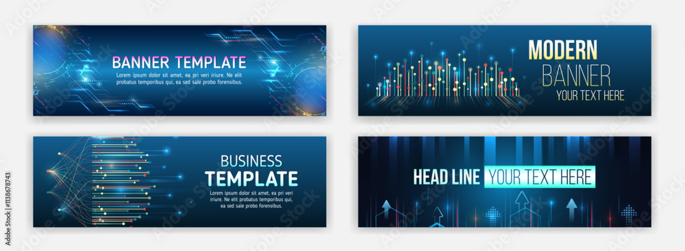 Poster internet communication, science, big data, cover design set. sci-fi vector sample concept. high-tech