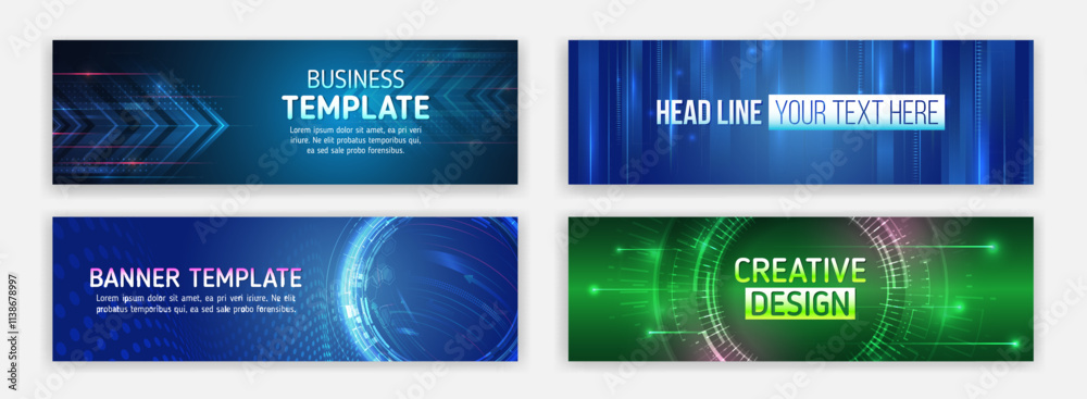 Poster Modern banner design with technology element. Data protection, internet communication, science, big data, cover design set. Sci-fi vector sample concept. High-tech horizontal banner template.