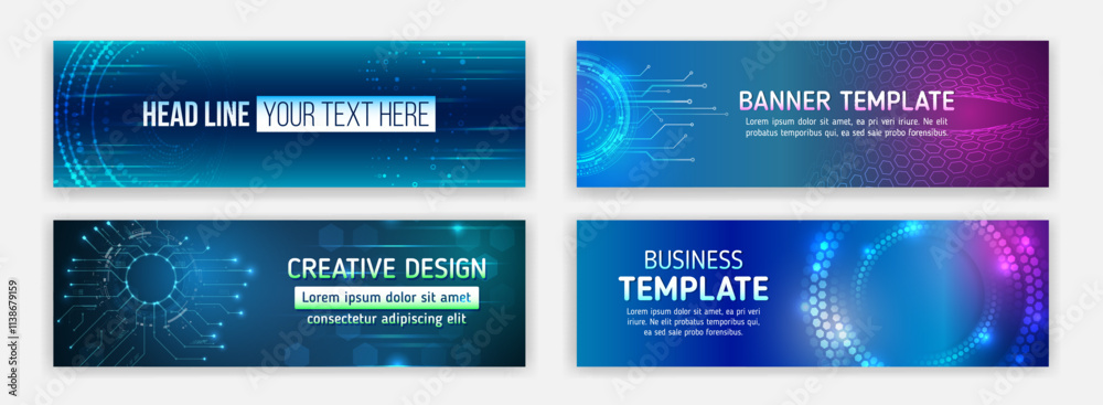 Leinwandbilder Modern banner design with technology element. Data protection, internet communication, science, big data, cloud hosting. Sci-fi vector sample concept. High-tech horizontal banner template.