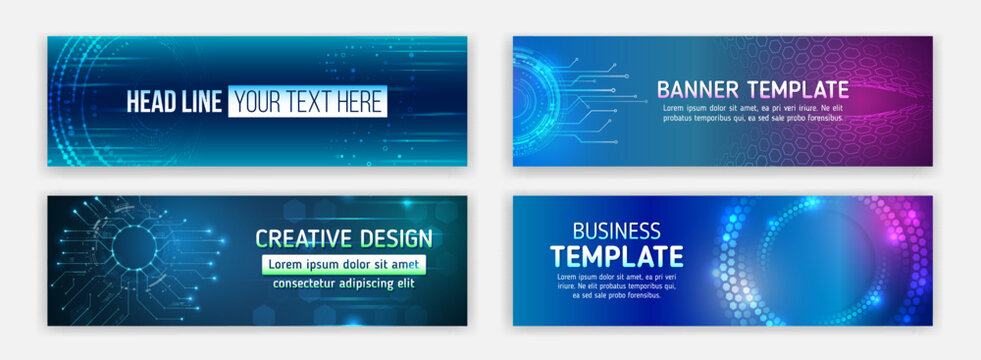 Modern banner design with technology element. Data protection, internet communication, science, big data, cloud hosting. Sci-fi vector sample concept. High-tech horizontal banner template.