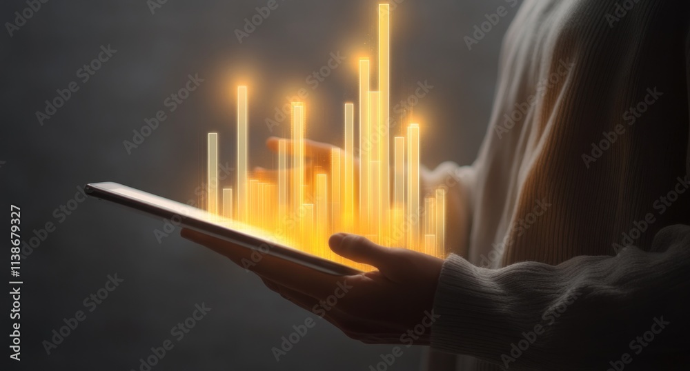 Aufkleber Hands hold tablet with glowing bar chart, data analysis visualized.