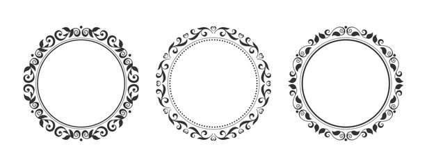 Circular floral frames set. Black ornate retro leaf pattern, thin swirl filigree botanical border motif. Vintage template for laser cut engraving, etching, vignette stencil, DIY foiling, rubber stamp
