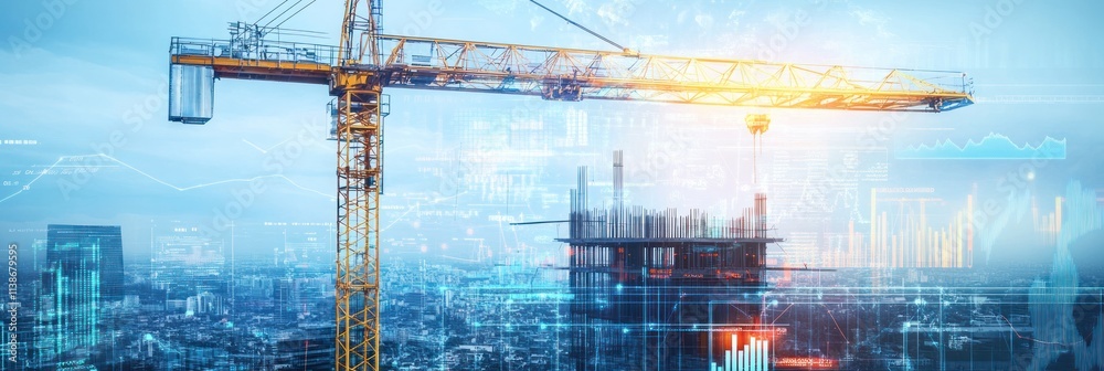 Poster Crane at building site overlayed with blue data.