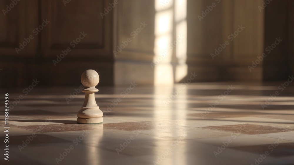 Poster chess pawn on checkered floor with sunlight casting warm glow.