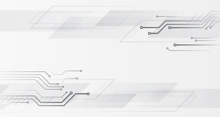 Hi-tech grey background with various technology elements. Vector illustration of circuit board and squares. Abstract futuristic communication.