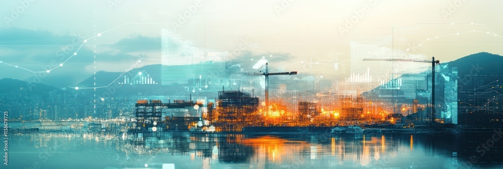 Aufkleber construction site over water with overlay of graphs and chart lines.