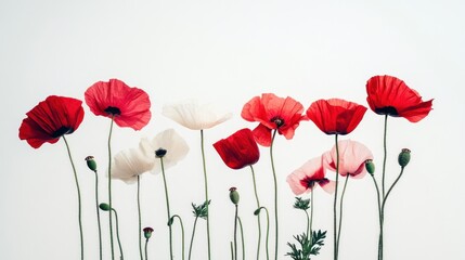 Obraz premium Poppies of red, white, and pink on a white background.