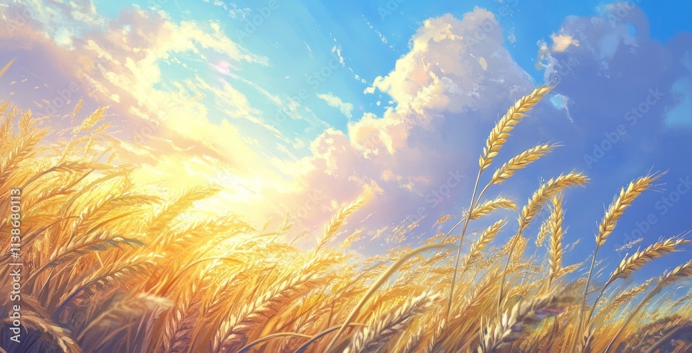 Poster wheat field in sunlight with blue sky and clouds.