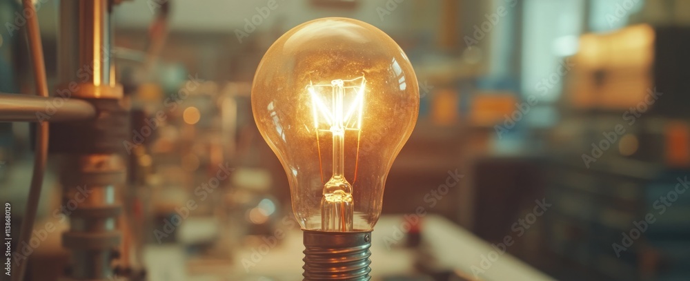 Poster glowing lightbulb with filaments, tools background.