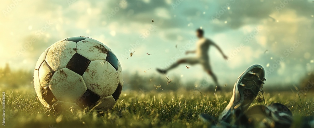 Poster soccer ball and player on grass field with blurred background.