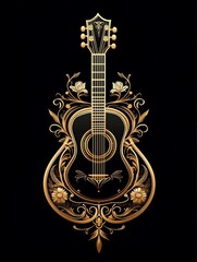 Golden Guitar with Intricate Floral Motifs and Elegant Design. Artistic Baroque Style with Symmetrical Patterns. Luxurious Musical Instrument. Art Music Logo. Vintage Emblem. AI generated