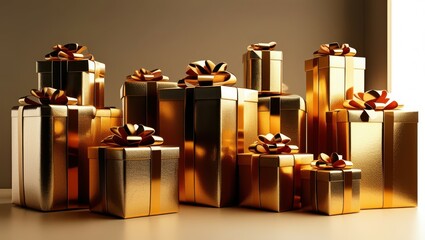 Luxurious gift boxes, golden metallic wrapping, shiny ribbons, warm lighting, elegant presentation, festive atmosphere, holiday season, high-end gifts, various sizes, sophisticated arrangement, soft s