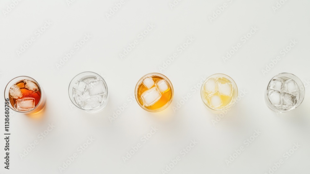 Poster Five glasses of cold beverages with ice arranged in a row.