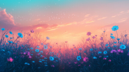 A dreamlike meadow filled with oversized, bioluminescent flowers in shades of electric blue, vivid magenta, and soft lavender, with a sky painted in gradients of peach and turquoise 
