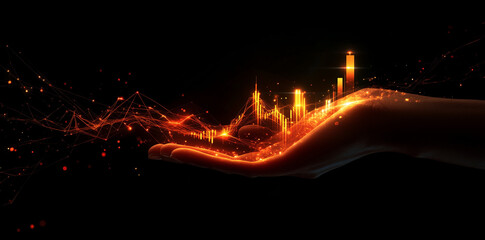 A futuristic hand holding a glowing stock market chart with graphs, candlestick patterns, and data points visualized in a holographic sphere. Innovative financial technology concept