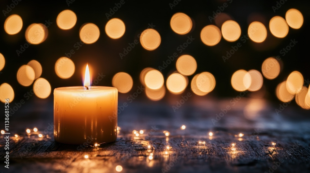 Aufkleber Lit candle on table with bokeh lights.