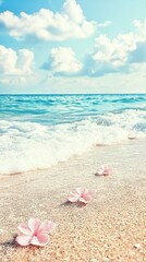 Fototapeta premium A serene beach scene with pink flowers gently resting on the sand.