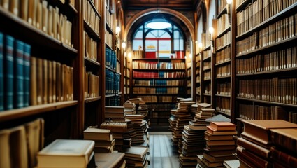 Obraz premium old library, rows of bookshelves, wooden ladders, antique books, warm lighting, arched ceiling, cozy atmosphere, narrow aisle, leather-bound tomes, scholarly ambiance, historic archives, dusty volumes