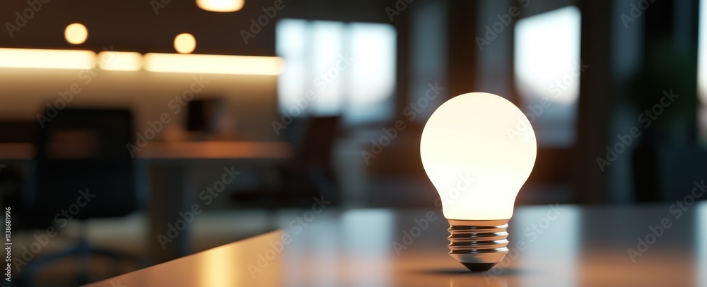 Poster Lightbulb glows brightly on a desk, office out of focus background.